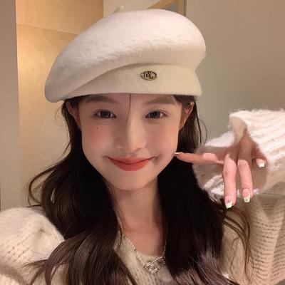 British Retro Wool Beret Feminine Style  Large Head Circumference Black Painter's Autumn and Winter Woolen Hat