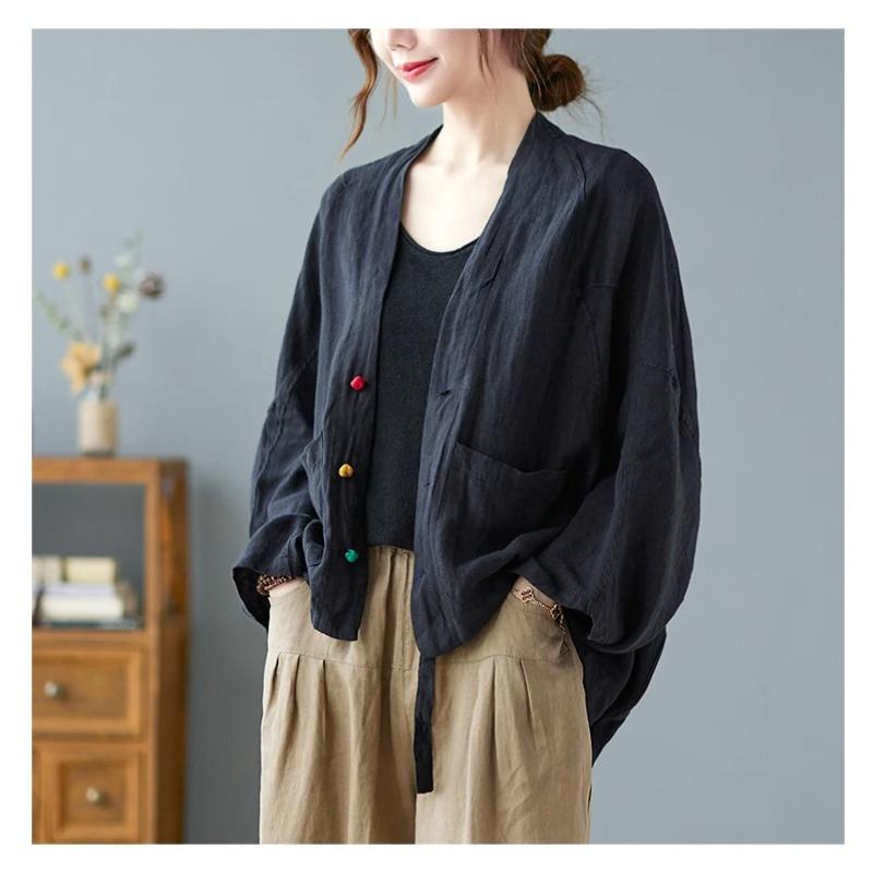 Giacche da Donna a Maniche Lunghe Stile Vintage Versatili Larghe Comode Cotone Lino Cappotti Casual da Donna