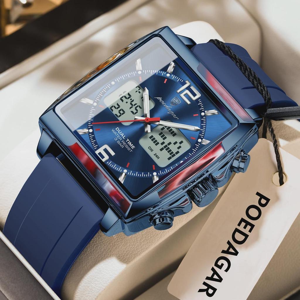POEDAGAR Luxury Man Watch Electronic Square LED Alarm Chronograph Men's Watches Week Date Dual Time Display Men Quartz Clock