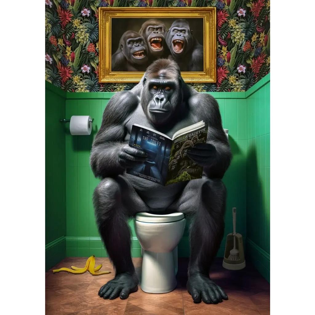 Dog Monkey Highland Cow Sitting on The Toilet Reading Newspaper Poster Animal Print Canvas Painting Funny Bathroom Wall Decor