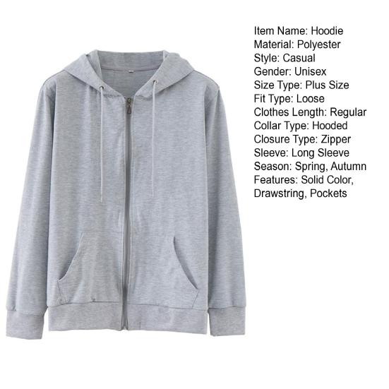 Spring Autumn Unisex Hoodie Solid Color Smooth Zipper Long Sleeve Hooded Coat Loose Ribbed Cuff Sweatshirt Streetwear