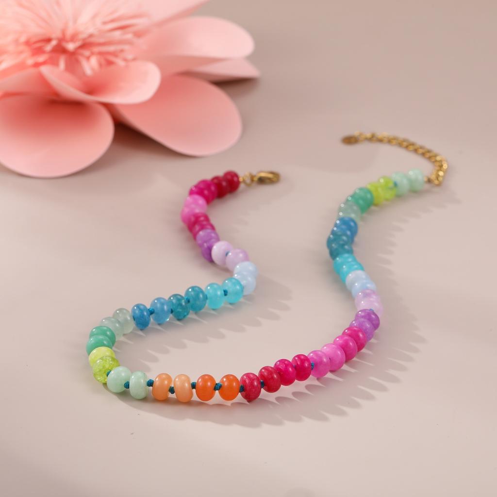 GEMCHIC Women's Dopamine Color Block Natural Stone Beaded Necklace Bohemian Style Layered Choker Statement Jewelry
