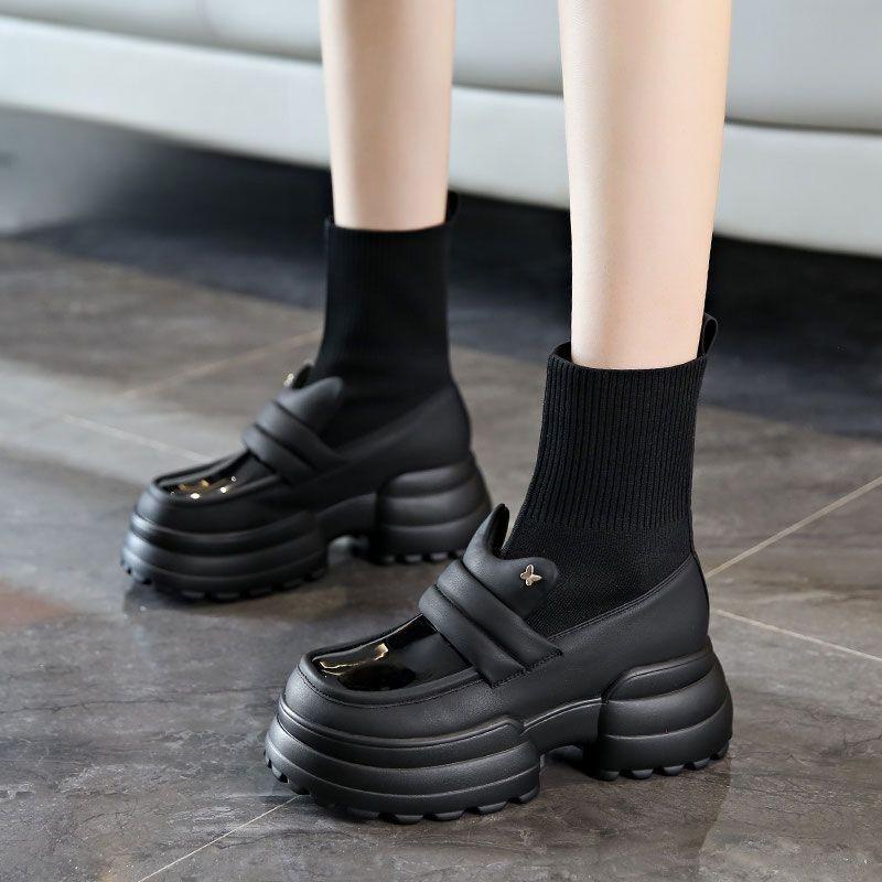 

Женские лоферы на платформе Осенние новые ботильоны-носки средней длины на блочном каблуке в британском стиле, увеличивающие рост, маленькие кожаные туфли 40