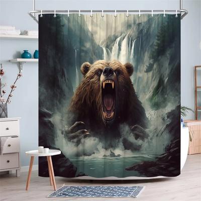 1pc Fierce Bear Emerging from Water Shower Curtain, Polyester Bath Decor with Misty Waterfall & Forest Scene, Machine Washable,