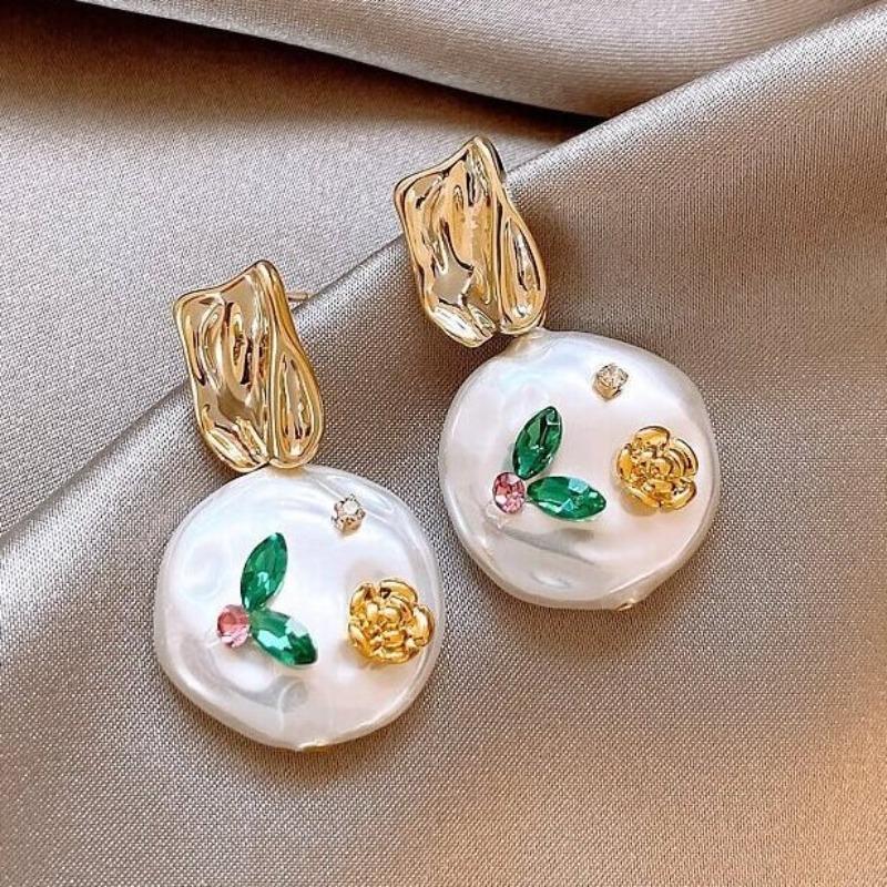 French Court Style Colored Enamel Glaze Double-layer Flower Stud Earrings Retro Pearl Design Earrings Monet Garden Decoration