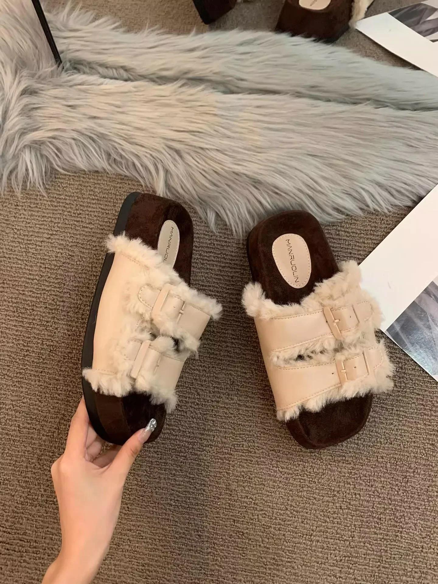

Fashion Fashion Fluffy Women Plush Fur House Slippers Sandals Non-Slip Indoor Boots Female For Home Use Luxury Thick Flats Outdoor Shoes 35