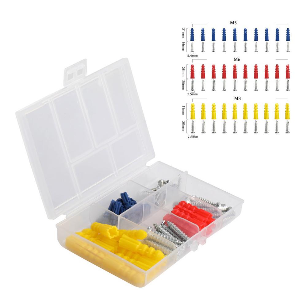 60PCS Self-Drilling Ribbed Plastic Wall Anchors with Stainless Steel Screws Assortment Kit for Drywall, Concrete, M5 M6 M8 Sizes