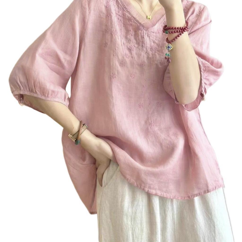Summer 2026 Women's Plus Size Cotton Linen Two-Piece Suit with Slimming Embroidery for Middle-Aged and Elderly Mothers