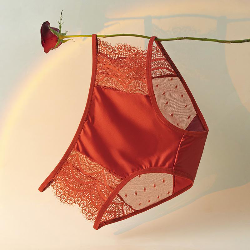 Female Summer New Style Red Satin Sexy Lace Semi Through Hollow Net Gauze Triangle Briefs