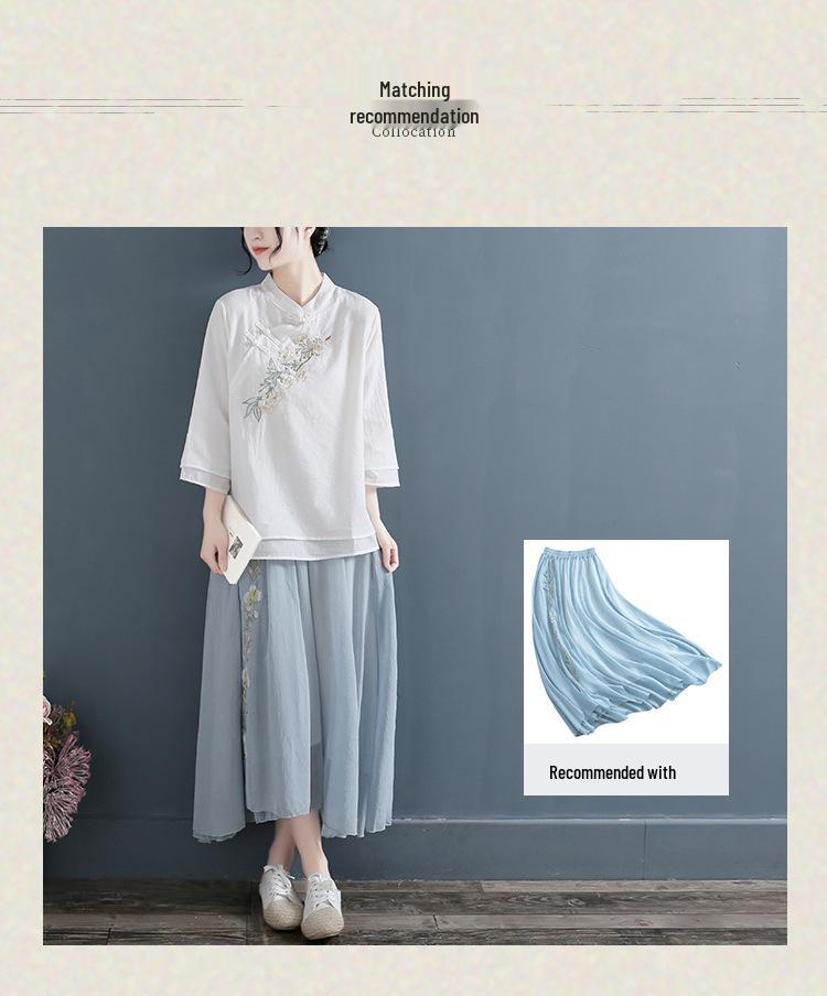 Chinese Ethnic Style Embroidered Cotton-Linen Frog Button Top for Women, Summer 2024, Stand Collar with Three-Quarter Sleeves.
