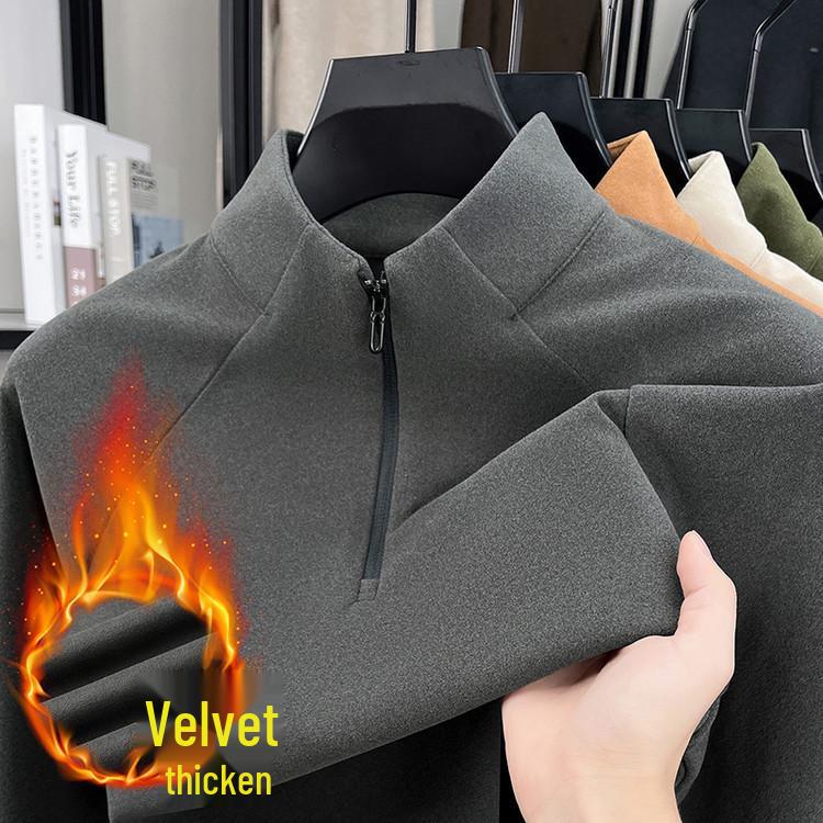 Men's Heavyweight Fleece-Lined Hoodie with Stand Collar, Half-Zip, and Thick Fabric; Solid Color Autumn/Winter Style.