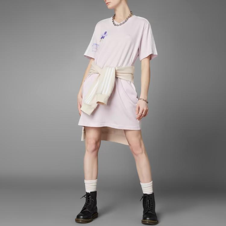 Adidas Trefoil Solid Color Logo Embroidered V-Neck Short Sleeve Dress Women dresses Pink HT4948