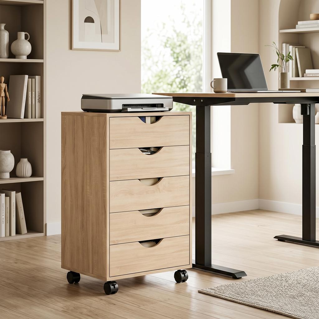 Mobile Office Pedestal, 5 Drawers, Wood, 40 x 40 x 67 cm, Oak