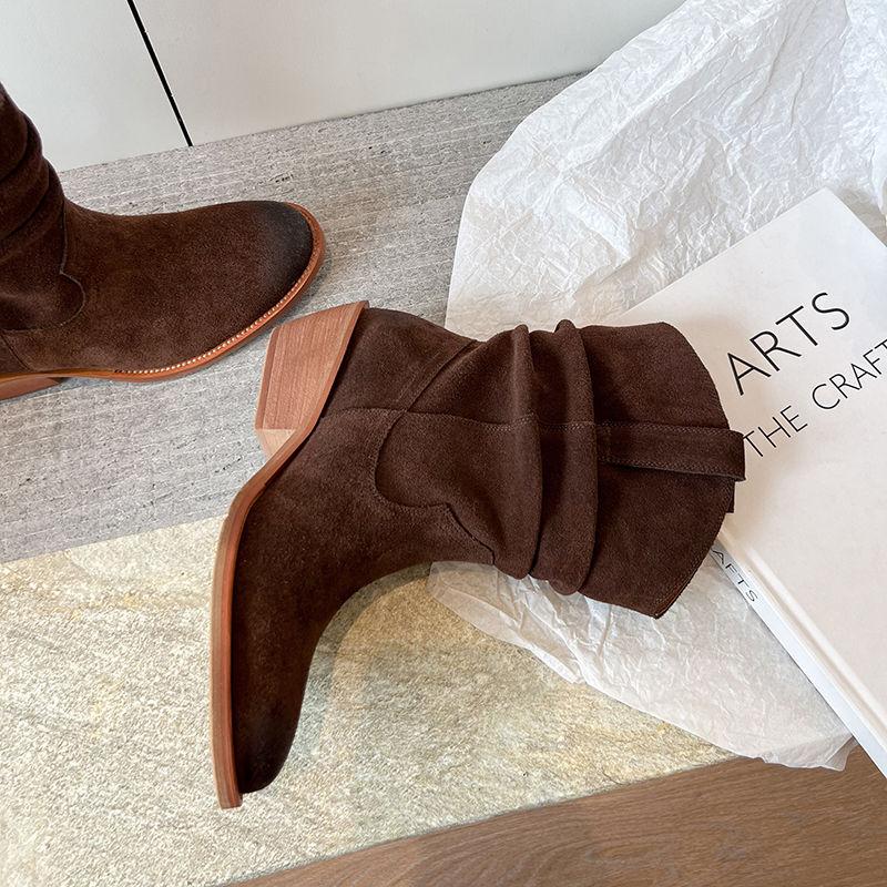 Fashion Western Boots Women Cow Suede Fashion Skin Lining Round Toe Ladies Street Sewing Boot Khaki Brown 5cm Block Heeled Ankle Boots