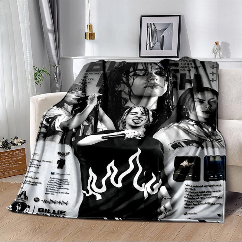 Fashion Billie Eilish Singer Star Flannel Blanket Soft Warm Throw Blanket for Bedroom Living Room Bed Travel Camping Picnic Gift 75x90cm