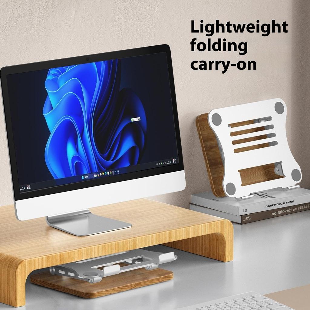 J32 Adjustable Laptop Stand Foldable Wood Base Metal Cooling Riser Desktop Bracket