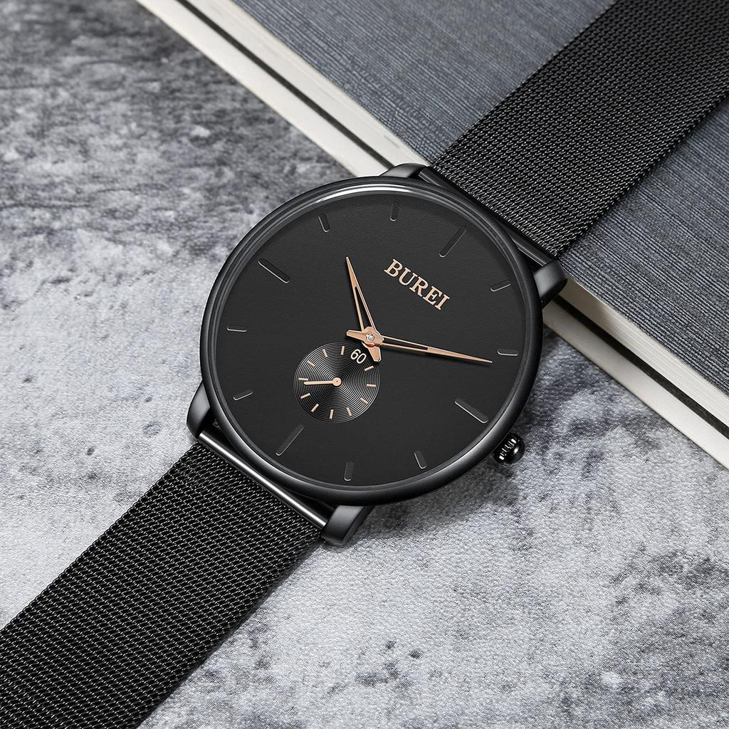 BUREI Men's Black Watch, Simple, Stylish, Popular, Waterproof, Men's Watch (Black-Rose Gold Hands, Stainless Steel)