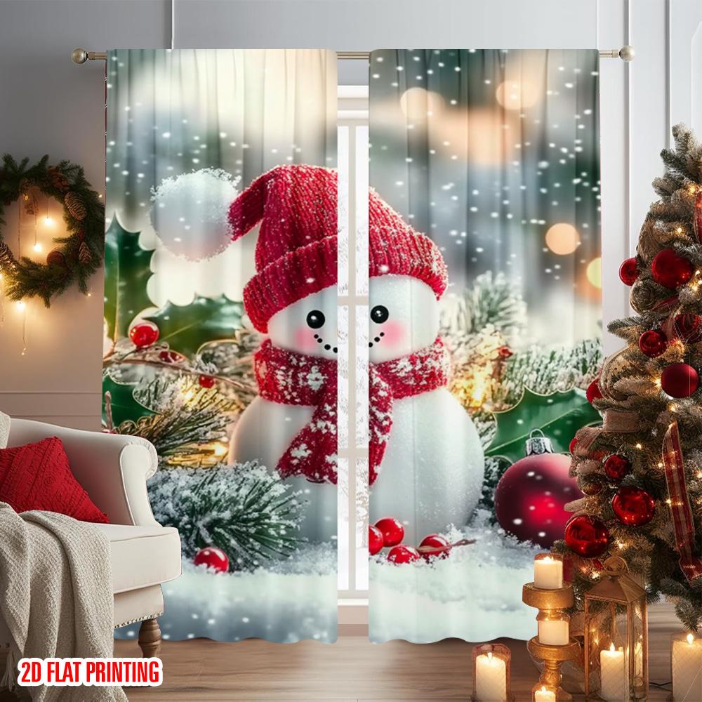2pcs 2D Flat Printing Merry Christmas Window Curtains Snowman 0 Versatile Fabric Without Electricity Family Party Decoration