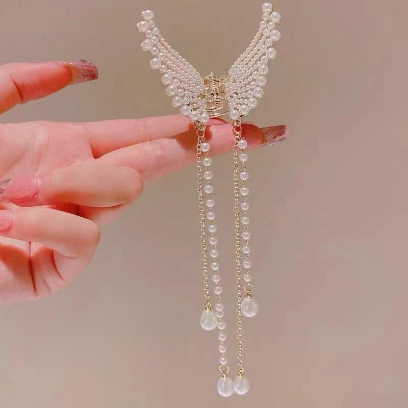 Summer Pearl Rhinestone Metal Butterfly Tassel Grab Clip Back of Head Ponytail Hairpin Women's Headdress Clip Hairpin Claw Clip