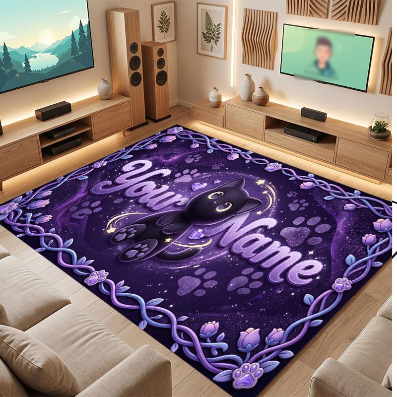 Cat Theme Crystal Velvet Floor Rug Personalized Custom Name Text Warm Carpet Home Decoration