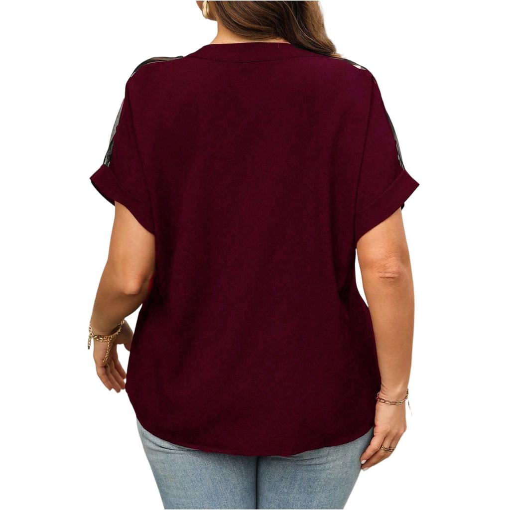 Women's Fashionable Casual Loose-Fit Comfortable V-Neck Mesh Sequin Plus Size Top