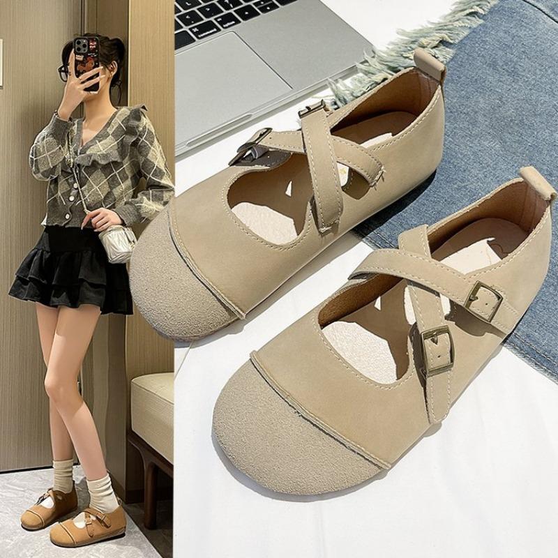 Autumn Women's Shoes Genuine Leather Casual Shoes Flat Soft Sole  Cross Buckle Comfortable Shoes