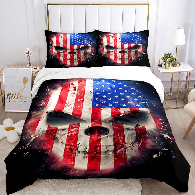 3pcs bedding set Patriotic Skull Includes 1 Comforter + 2 Pillowcases, Without Pillow Inserts, Soft Comfortable, Lightweight Breathable, Pri