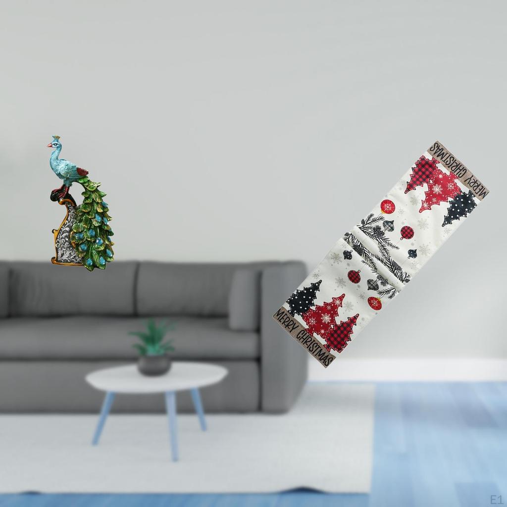 Elegant Peacock Animal Sculpture Tabletop Ornament with Christmas Table Runner Dresser Scarf for