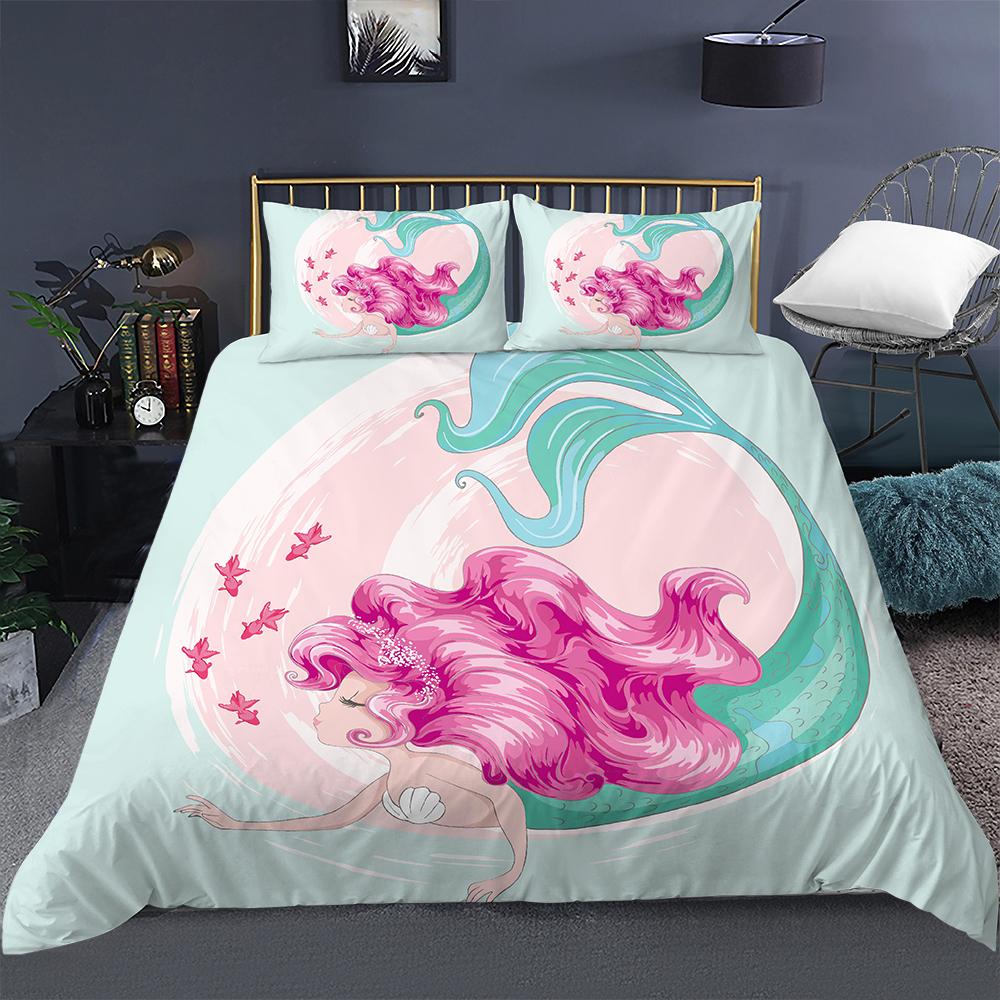 Bedding Set Girls Mermaid Duvet Cover Set With Pillowcase Cartoon Edredones Niños Girl Princess Quilt Cover Full Size Bedspread