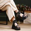 Johnature Genuine Leather Peep Toed Thick Soled Shoes Height Increasing Retro Women's High-heeled Sandals