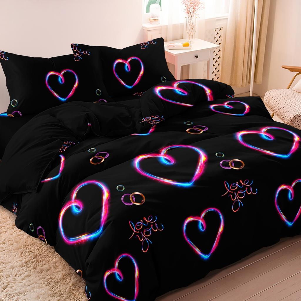 3pcs Set Valentine'S Day Romantic Couple 3d Heart Design Duvet Cover Set, Featuring Abstract Patterns Suitable For All Seasons