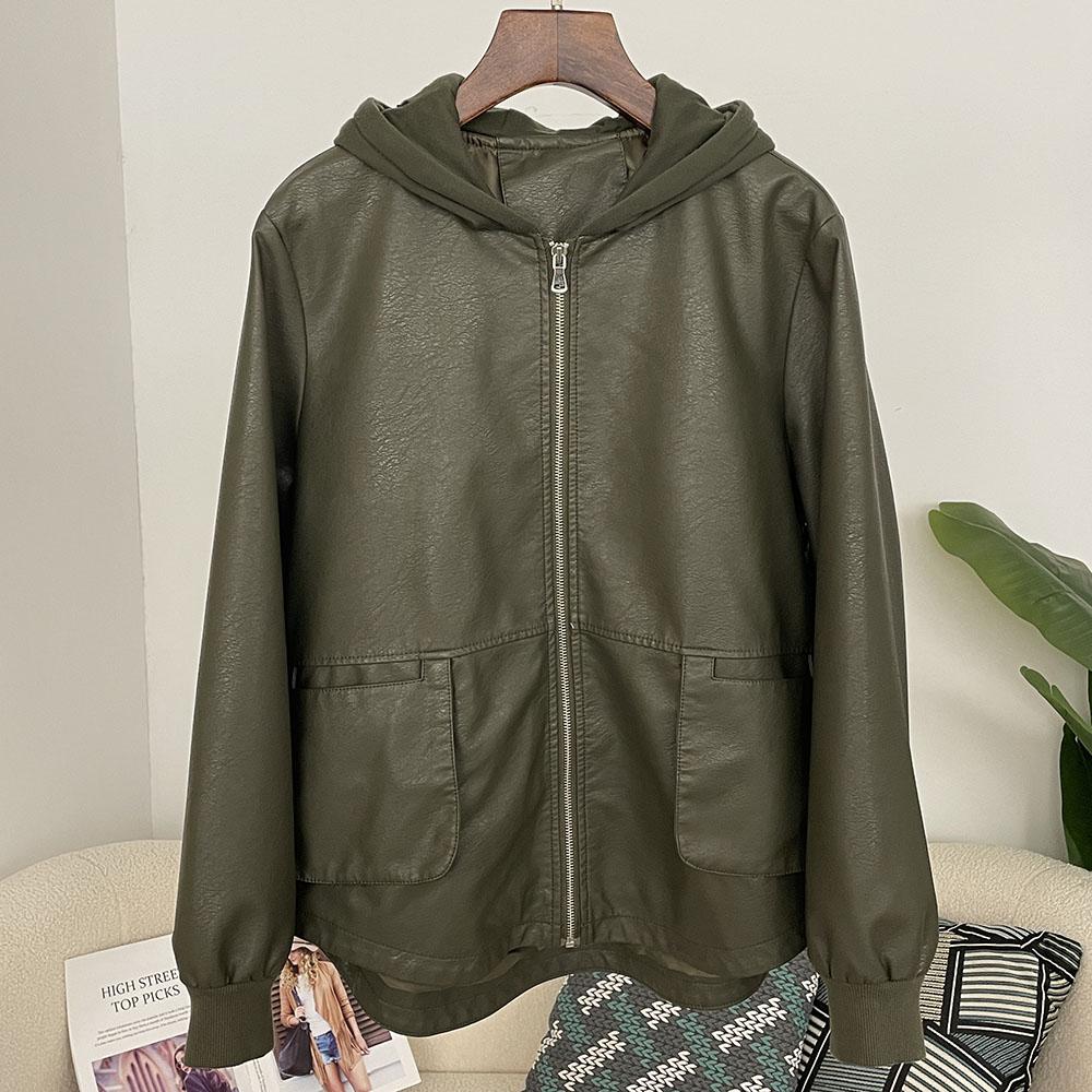 OFTBUY Femmes À Capuche Vintage Ample PU Faux Cuir Chapeau Veste Courte Décontractée Veste de Moto Féminine Zippée Rétro Moto Biker Manteau Vêtements d'Extérieur Hauts