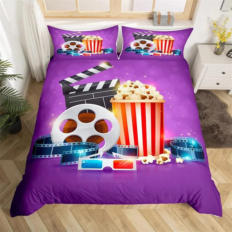 Movie Time Duvet Cover Set Cartoon Popcorn Bedding Set Microfiber Film Pattern Comforter Cover Home Theater Decor Queen Bed Set