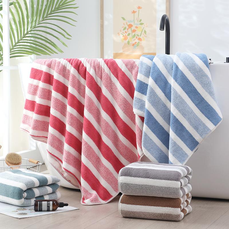 Coral Fleece Bath Towel Large Wide Strip Bath Towel Thickened Absorbent Striped Towel Adult Household Beach Towel