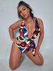 1011 neuer Badeanzug sexy geometrischer Print große Größe Kreuzgurt Einteiler Bikini Badeanzug Einteiler