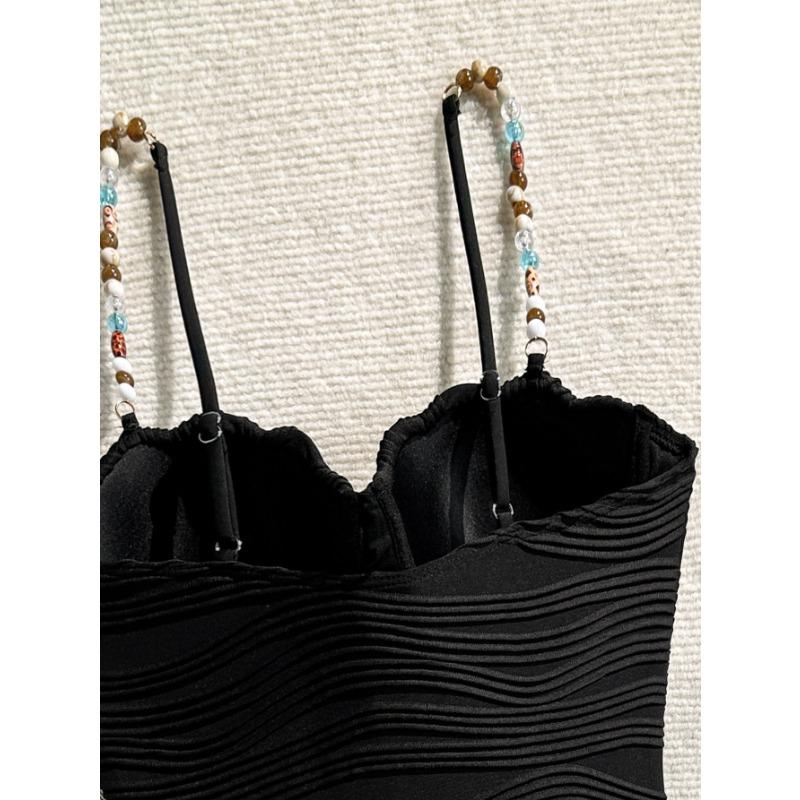 Vintage Beaded Hard Cup Padded One Piece Swimsuit For Women Solid Bathing Swimwear