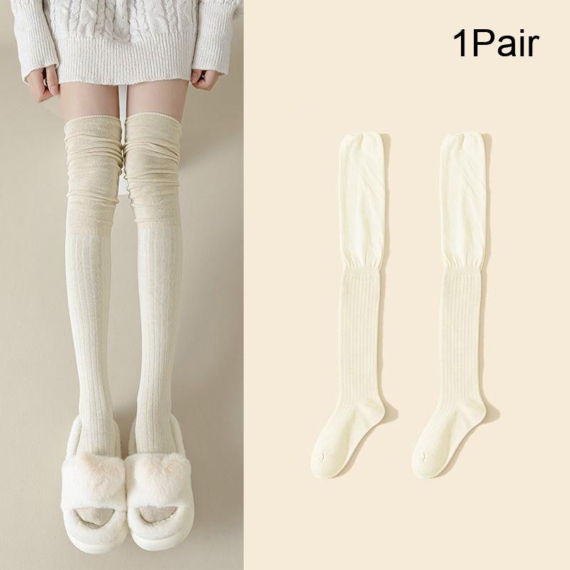 Women Thin Washable Solid Casual Long Stacked Vintage Knee-High Socks Fashion High Elasticity Outdoor Polyester Stockings 1 Pair