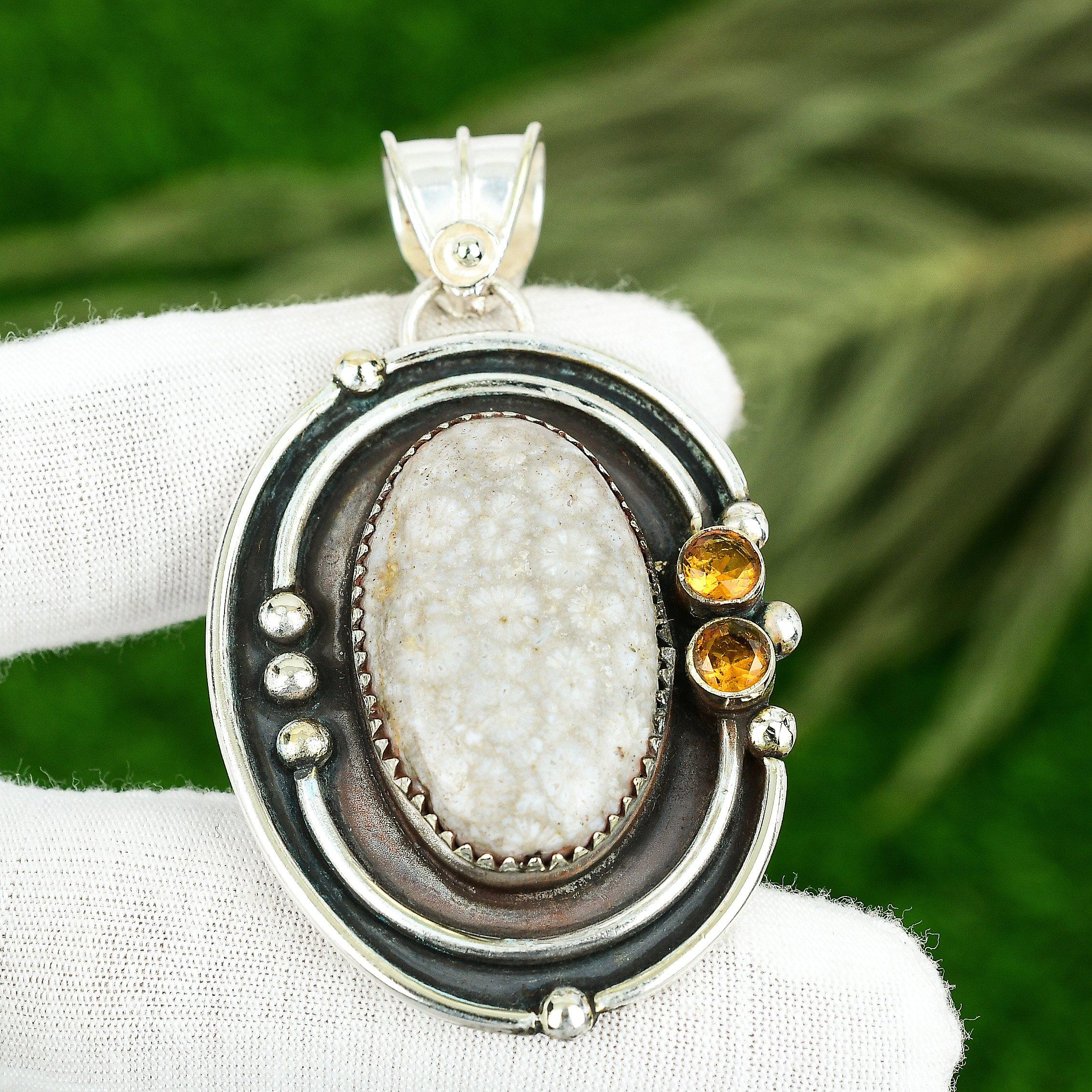 Sisters Day Sale Sterling Silver Fossil Coral Gemstone Citrine Pendant Jewelry