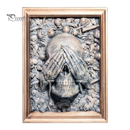 Halloweenský kostlivec pryskyřičný fotorámeček gotický nevidím/neslyším/nemluvím hlava lebky závěsná dekorace pro domácí kancelářskou expozici
