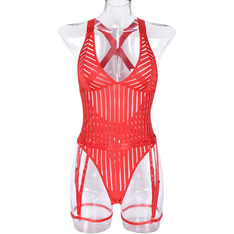 New sexy hollow striped cross suspender one-piece erotic underwear set