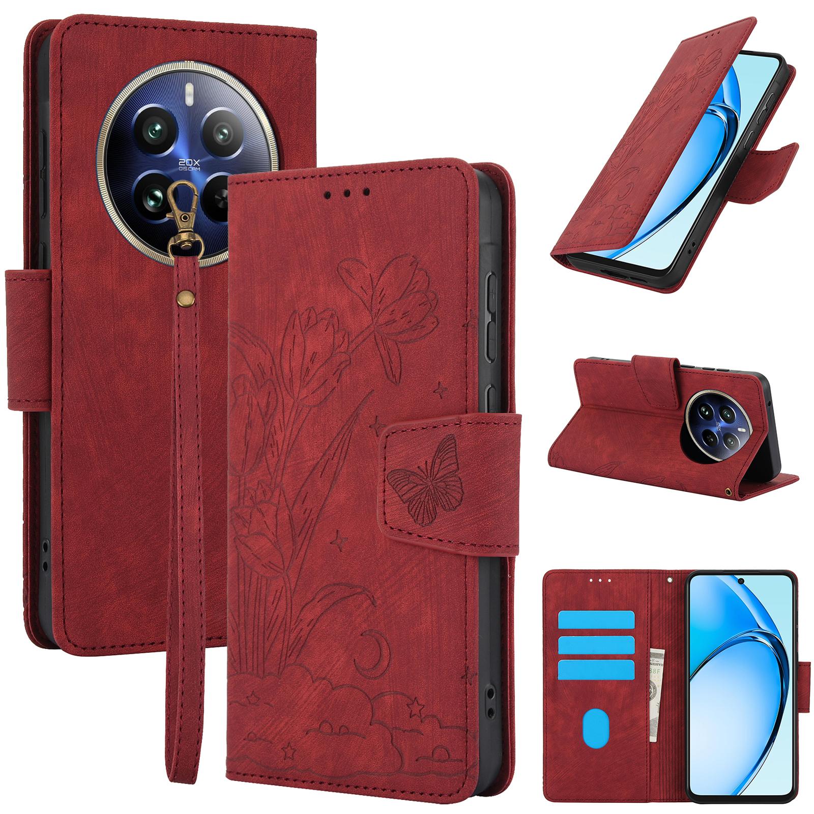 

SY-001 For Realme 12 Pro 5G/12 Pro+ 5G Case with Wrist Strap Butterfly Flower Leather Phone Cover Folio Wallet Red