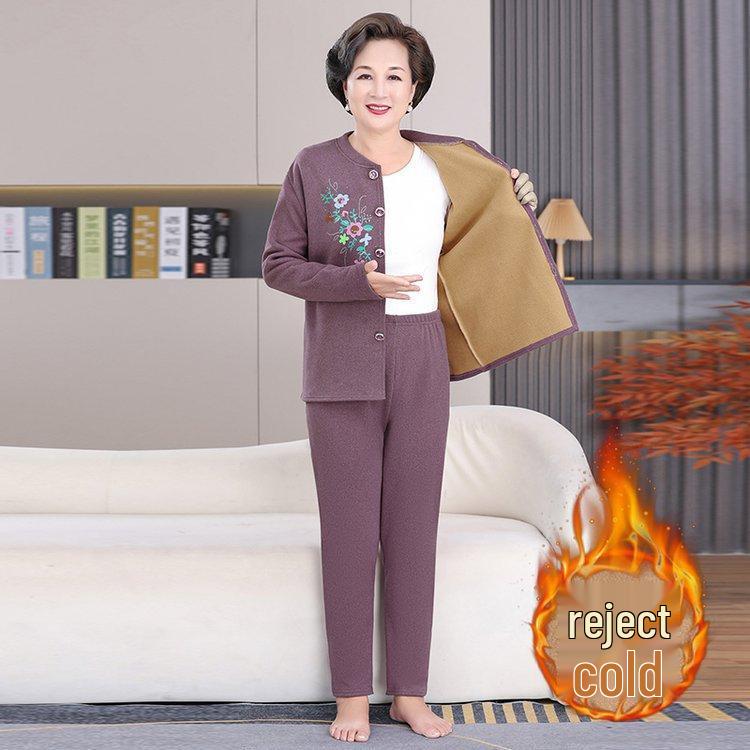 Thick Fleece-Lined Velvet Cardigan & Pants Set for Elderly Women, Plus Size - Perfect Winter Wear for Moms