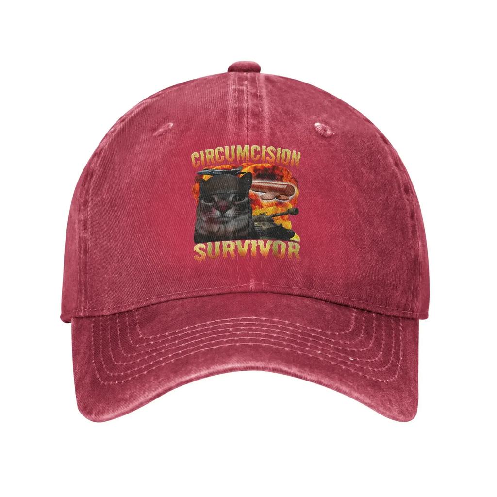 Circumcision Survivor Funny Cat Meme  Baseball Cap Sun Hunting Camping Adjustable Washed Trucker Hat Unisex Women Baseball Caps