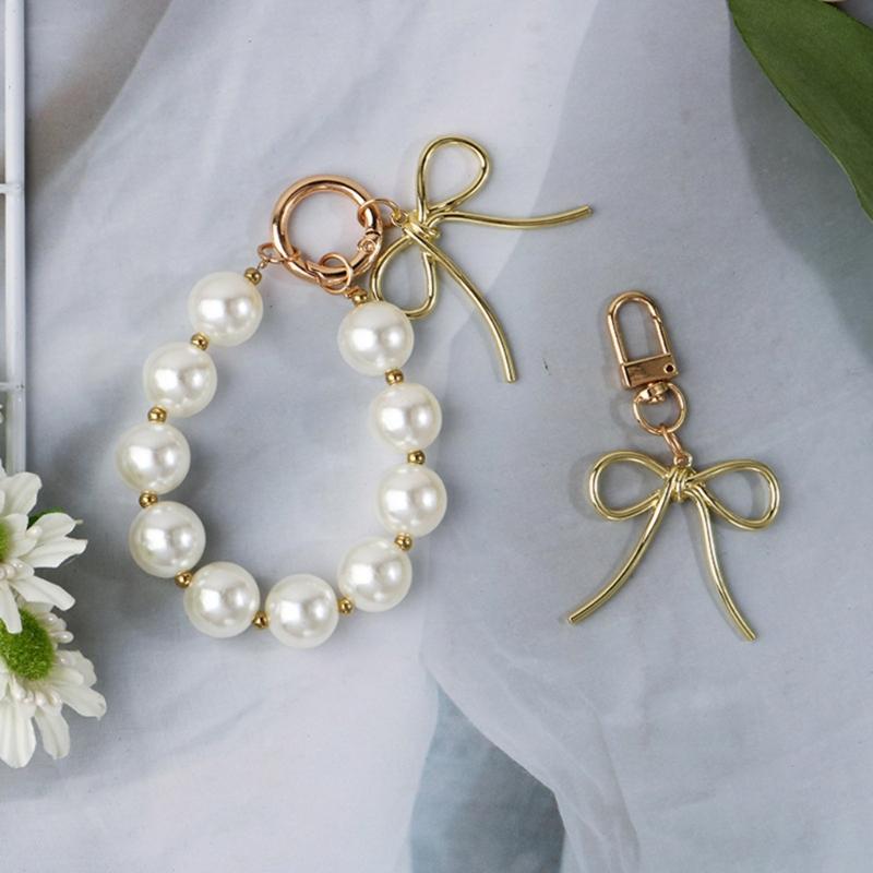 Delicate Keychain with Beaded Bowknot Phone Charm Unique Keyring Bag Pendant for Car Key Wallet Backpack Purse