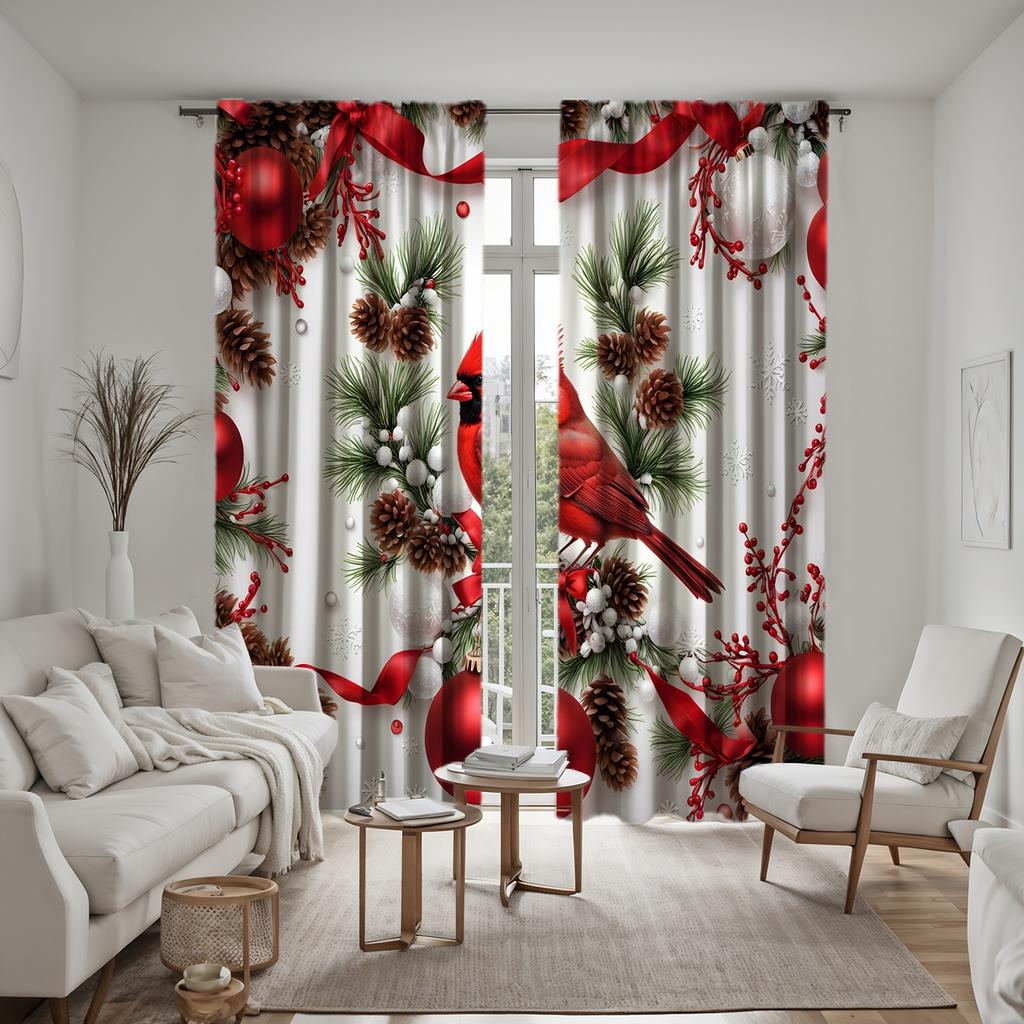 2ks HD Vánoční sváteční červené ovoce Červený pták větve na dekorativních závěsech Červená stuha digitálně potištěné závěsy Domácí dekorace