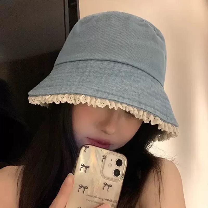 Lace Ruffle Denim Bucket Hat for Women Korean Wide Brim Fisherman Cap Outdoor Sunshade Summer Basin Hats
