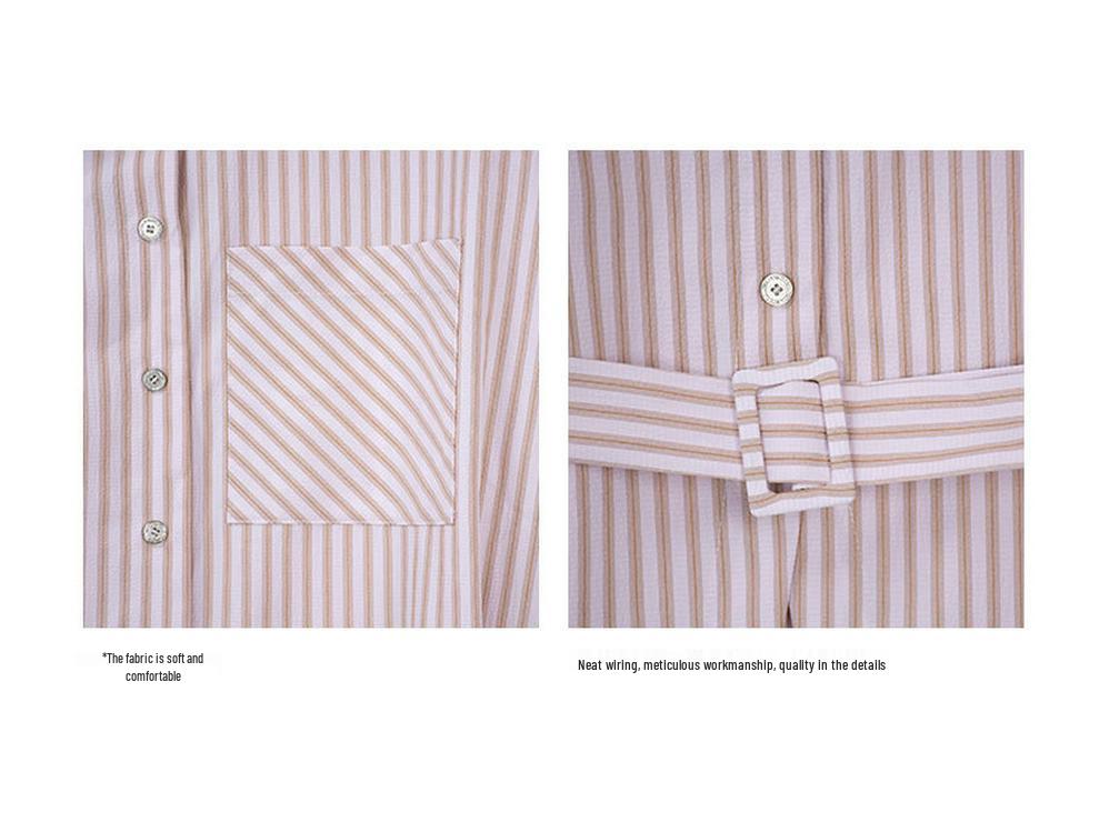 Korean Style Pink Stripe Women's Loose Tie-Waist Casual Long Sleeve Shirt