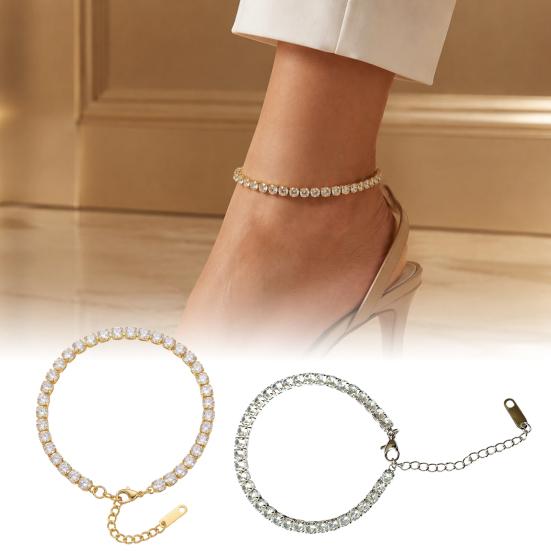 Rhinestone Ankle Bracelet 4mm Cubic Zirconia Classic Tennis Bracelet, Adjustable Anklet Boho Style for Women, Hypoallergenic Dainty Foot Jewelry