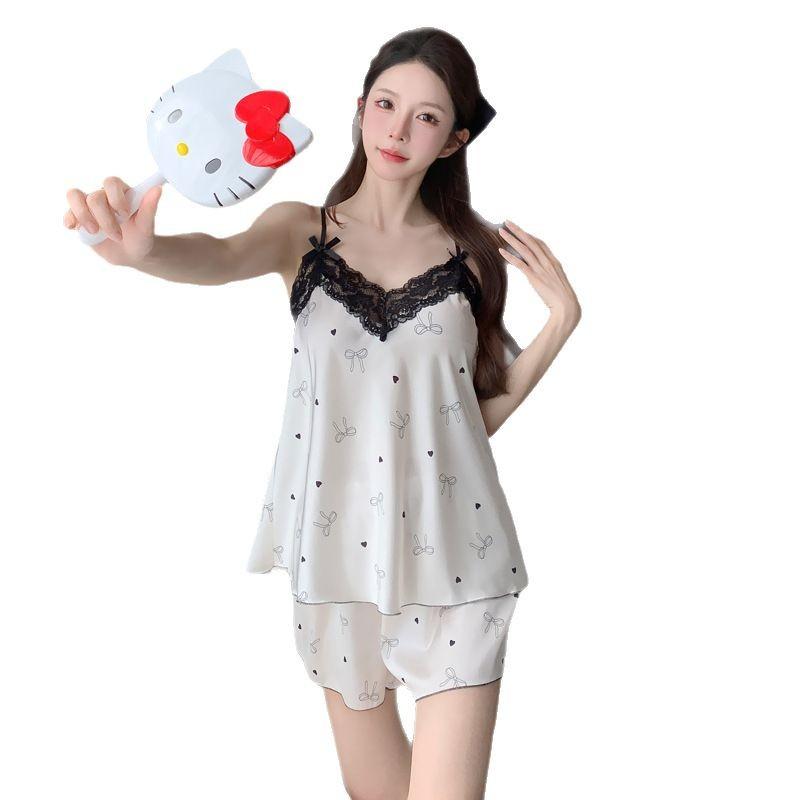 Ice Silk Women's Spring and Autumn Pajamas, Summer Sexy Suspender Shorts, Thin Simulated Silk Two-piece Set, Homewear