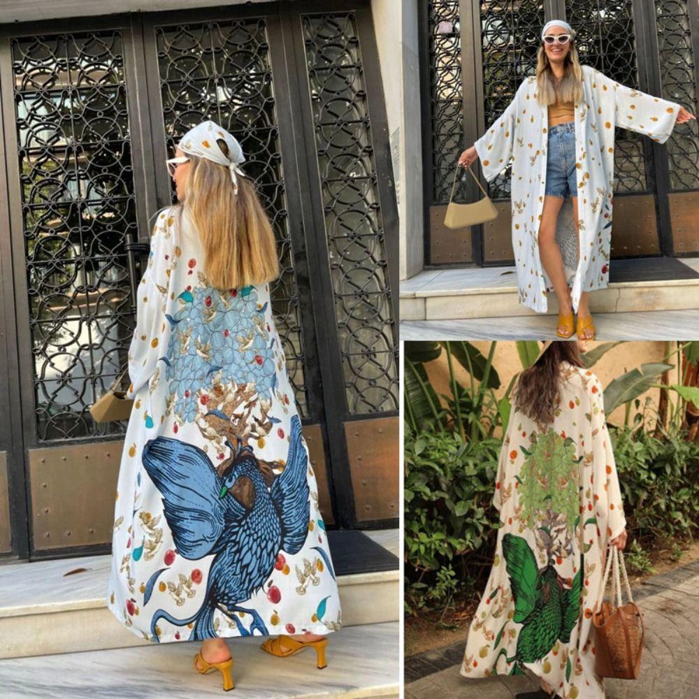 Boho Bikini Cover-ups Peacock Print Loose Maxi Dress Fashion Long Dress Beachwear For Women